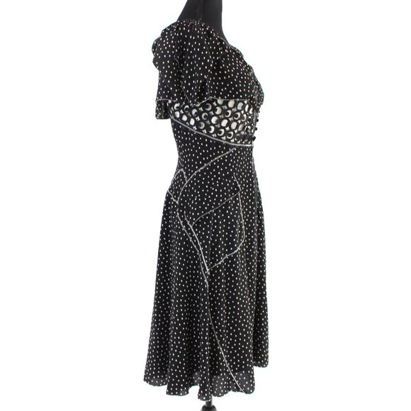 Byron Lars Beguile Black Tan Laser Cut Fit & Flare Flutter Midi Dress 2 Spotted - Picture 2 of 9
